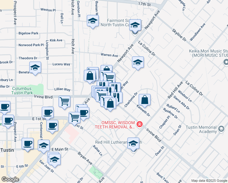 map of restaurants, bars, coffee shops, grocery stores, and more near 12951 Elizabeth Way in Tustin