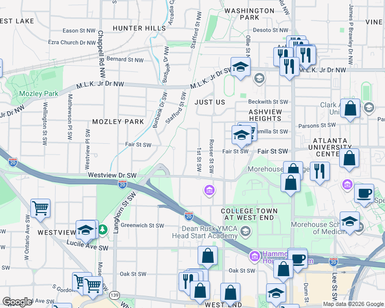 map of restaurants, bars, coffee shops, grocery stores, and more near 226 Holderness Street Southwest in Atlanta