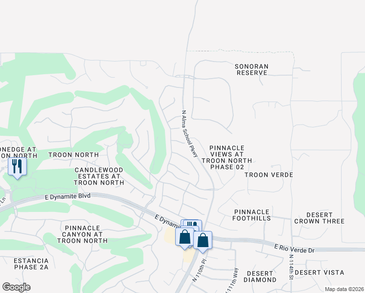 map of restaurants, bars, coffee shops, grocery stores, and more near 10906 East Southwind Lane in Scottsdale