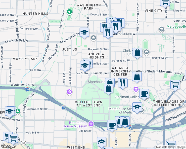 map of restaurants, bars, coffee shops, grocery stores, and more near 998 Fair St SW in Atlanta