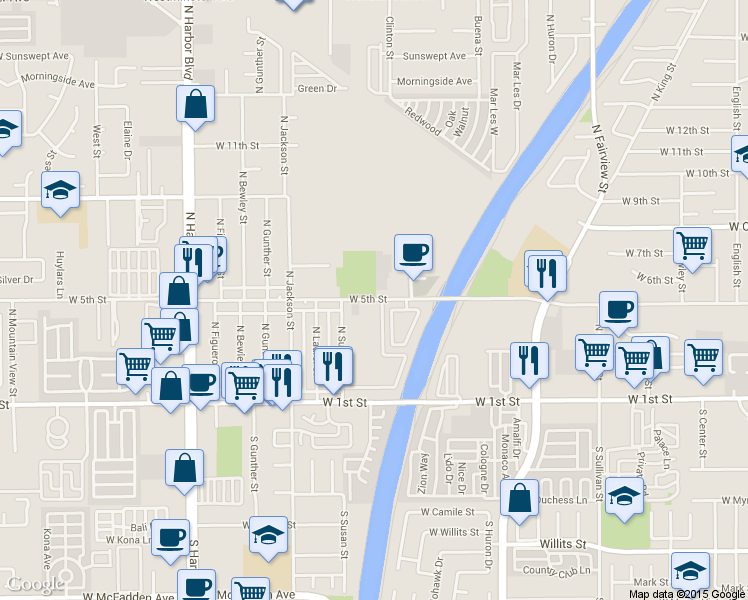 map of restaurants, bars, coffee shops, grocery stores, and more near 12442 West 5th Street in Santa Ana