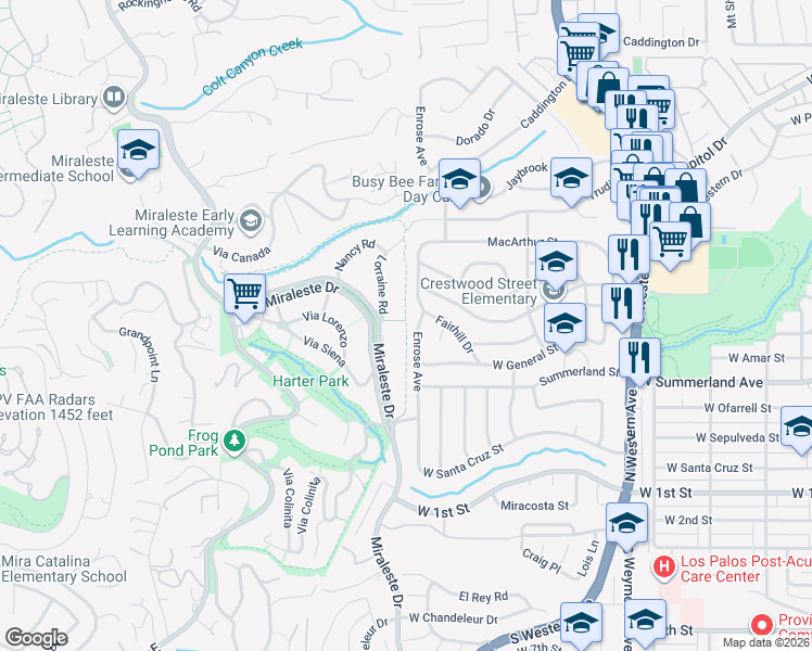 map of restaurants, bars, coffee shops, grocery stores, and more near Lorraine Trail in Rancho Palos Verdes