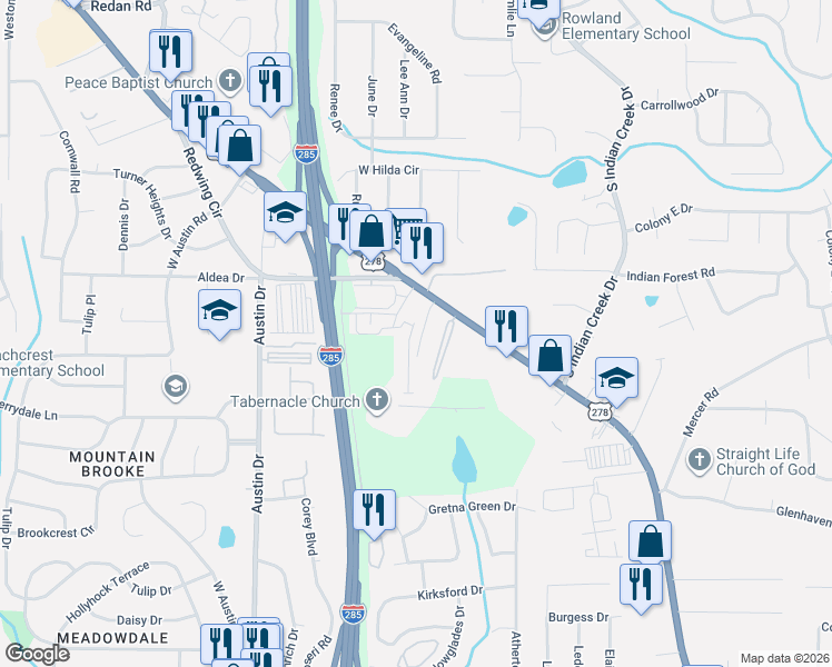 map of restaurants, bars, coffee shops, grocery stores, and more near 1520 Vernon Boulevard in Decatur