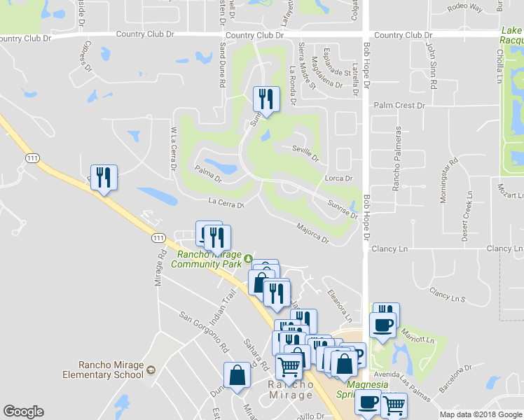 map of restaurants, bars, coffee shops, grocery stores, and more near 77 Majorca Drive in Rancho Mirage
