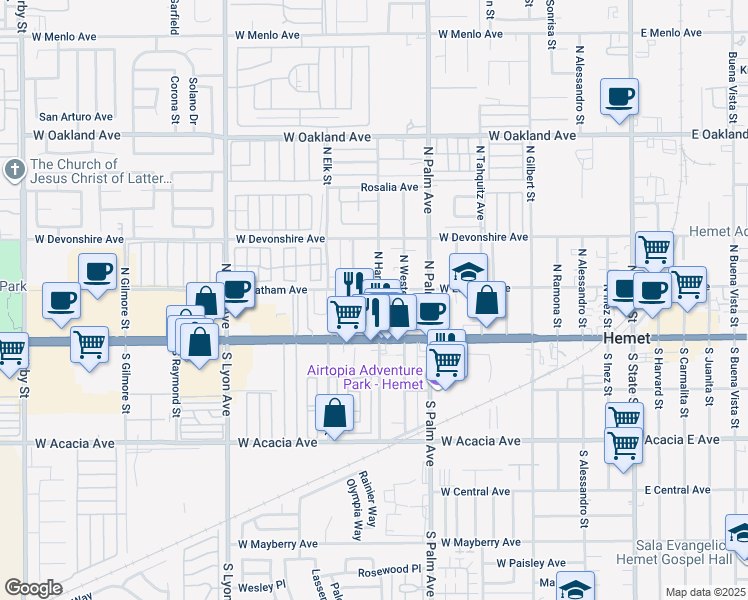 map of restaurants, bars, coffee shops, grocery stores, and more near 165 North Hamilton Avenue in Hemet