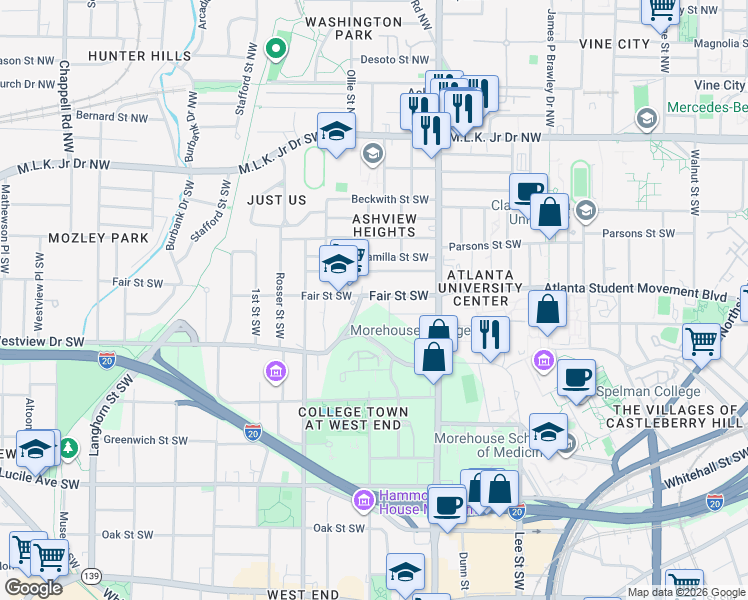 map of restaurants, bars, coffee shops, grocery stores, and more near 990 Fair Street Southwest in Atlanta