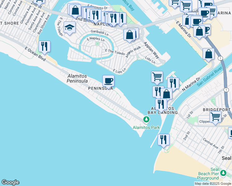 map of restaurants, bars, coffee shops, grocery stores, and more near 6312 East Bayshore Walk in Long Beach