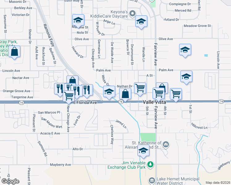 map of restaurants, bars, coffee shops, grocery stores, and more near 25689 White Oak Drive in Hemet