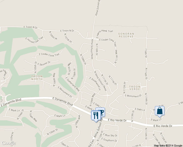 map of restaurants, bars, coffee shops, grocery stores, and more near 10906 East Southwind Lane in Scottsdale