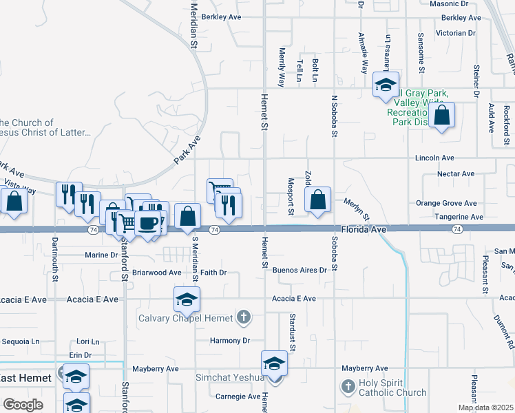 map of restaurants, bars, coffee shops, grocery stores, and more near in Hemet