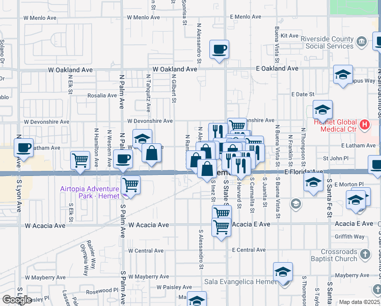 map of restaurants, bars, coffee shops, grocery stores, and more near 136 North Ramona Street in Hemet