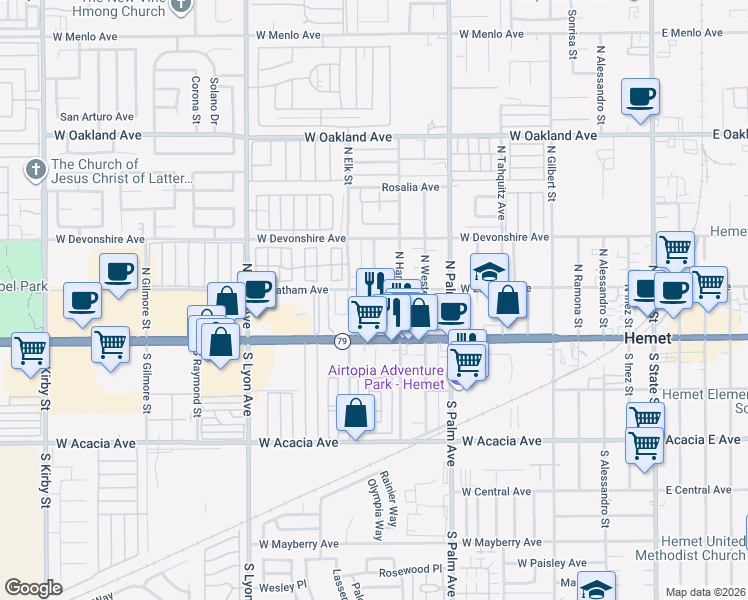 map of restaurants, bars, coffee shops, grocery stores, and more near 1200 West Florida Avenue in Hemet