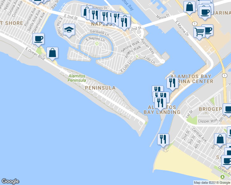 map of restaurants, bars, coffee shops, grocery stores, and more near 6420 East Bayshore Walk in Long Beach