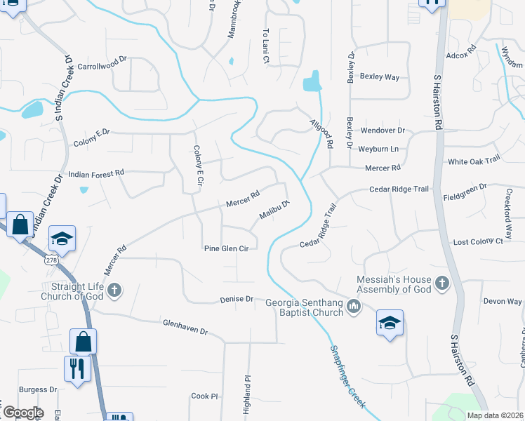 map of restaurants, bars, coffee shops, grocery stores, and more near 4430 Malibu Drive in Decatur