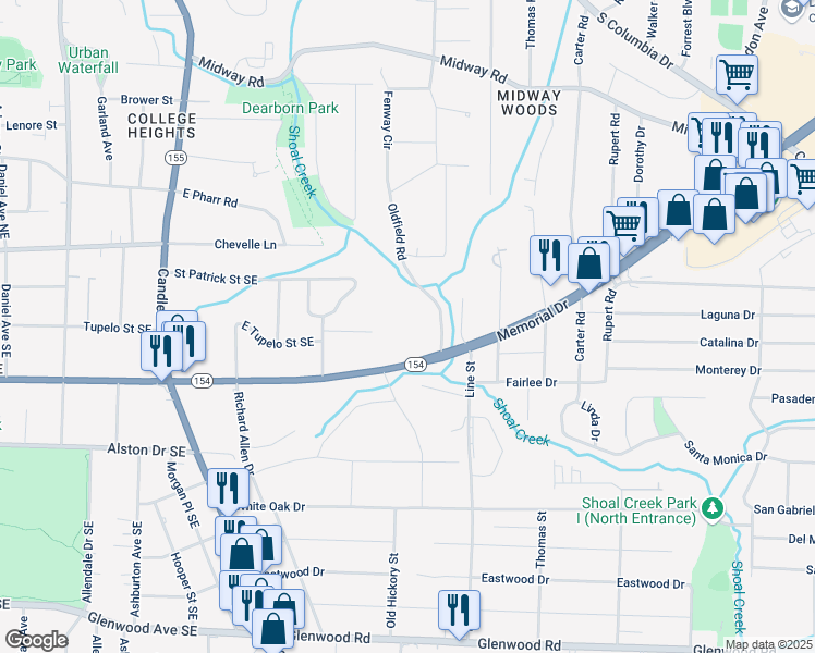 map of restaurants, bars, coffee shops, grocery stores, and more near 521 Oldfield Road in Decatur
