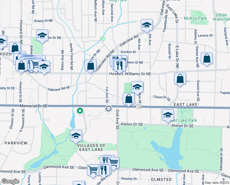 map of restaurants, bars, coffee shops, grocery stores, and more near 129 2nd Avenue Southeast in Atlanta