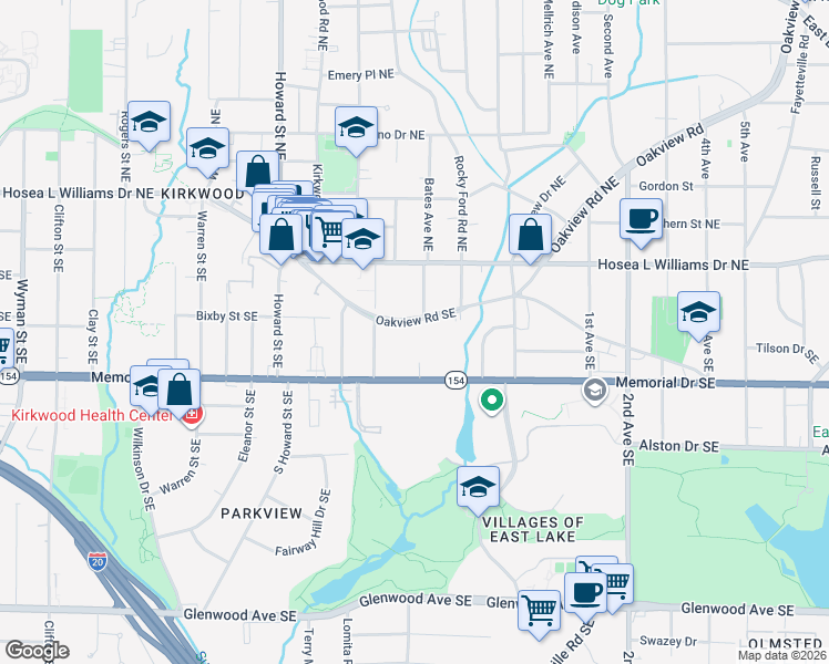 map of restaurants, bars, coffee shops, grocery stores, and more near 2125 Oakview Road Southeast in Atlanta