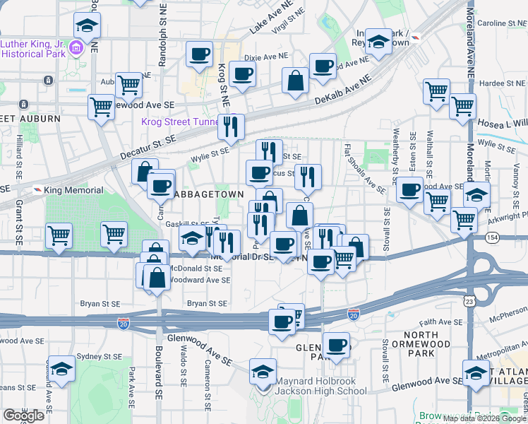 map of restaurants, bars, coffee shops, grocery stores, and more near 220 Pearl Street Southeast in Atlanta