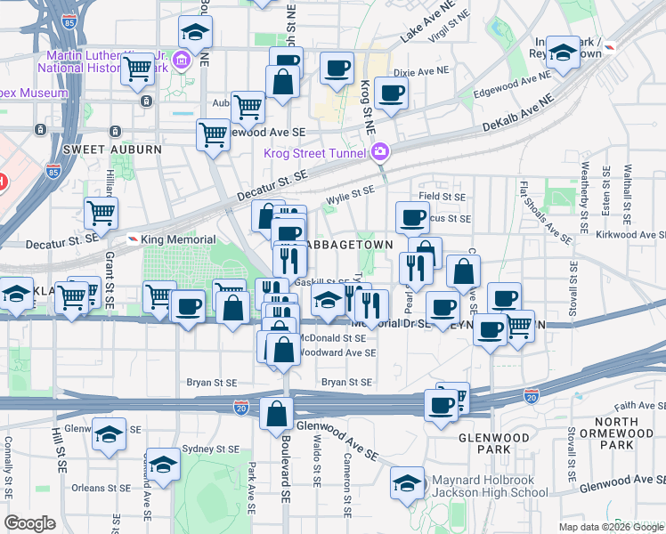 map of restaurants, bars, coffee shops, grocery stores, and more near 209 Powell Street Southeast in Atlanta