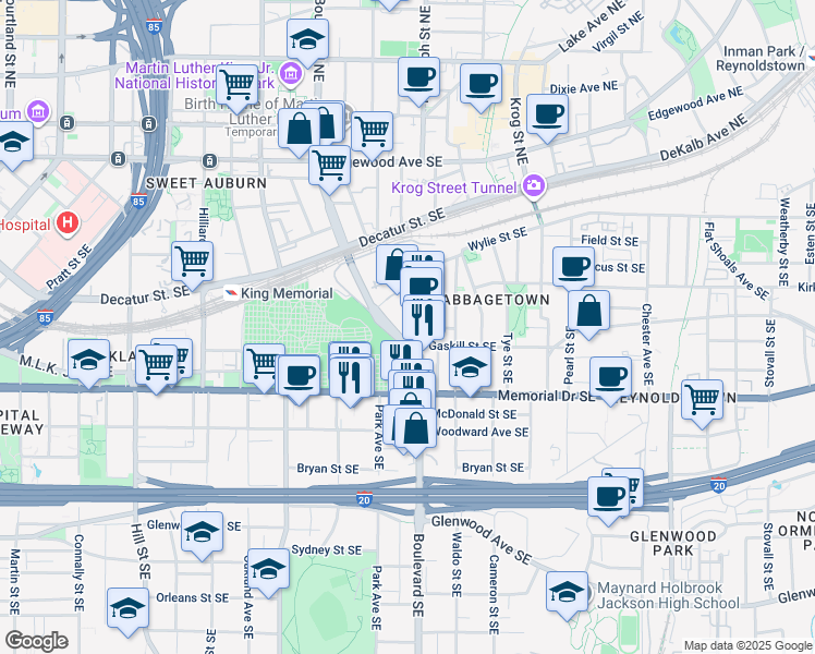 map of restaurants, bars, coffee shops, grocery stores, and more near 228 Boulevard Southeast in Atlanta