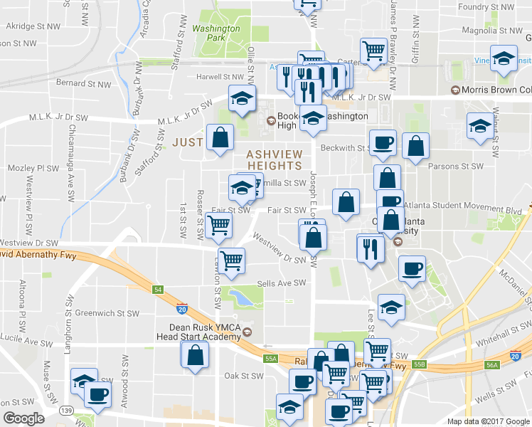 map of restaurants, bars, coffee shops, grocery stores, and more near 990 Fair Street Southwest in Atlanta