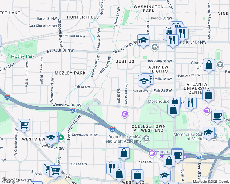 map of restaurants, bars, coffee shops, grocery stores, and more near 226 Holderness Street Southwest in Atlanta
