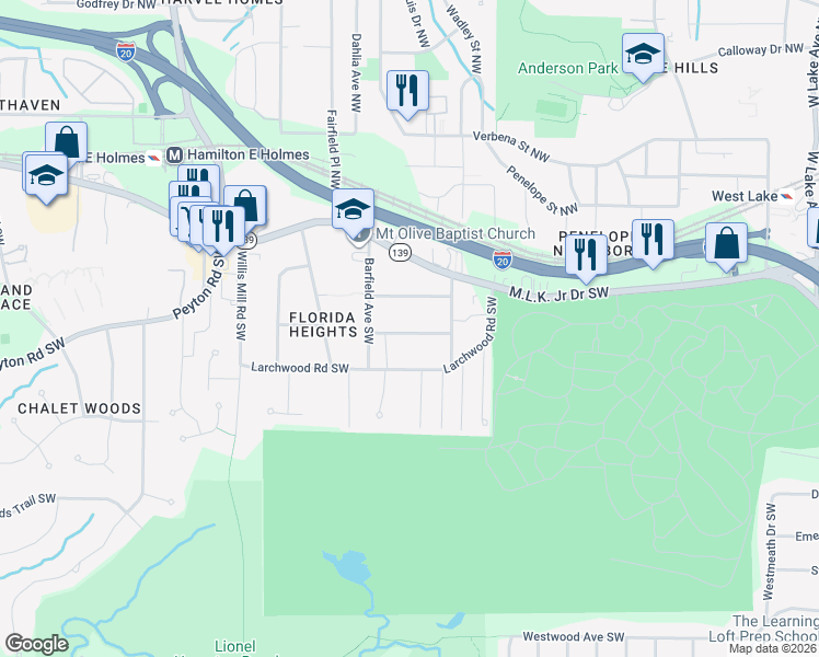 map of restaurants, bars, coffee shops, grocery stores, and more near 2210 Wingate Street Southwest in Atlanta