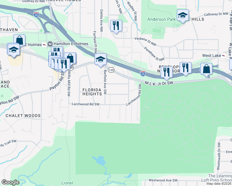 map of restaurants, bars, coffee shops, grocery stores, and more near 2210 Wingate Street Southwest in Atlanta
