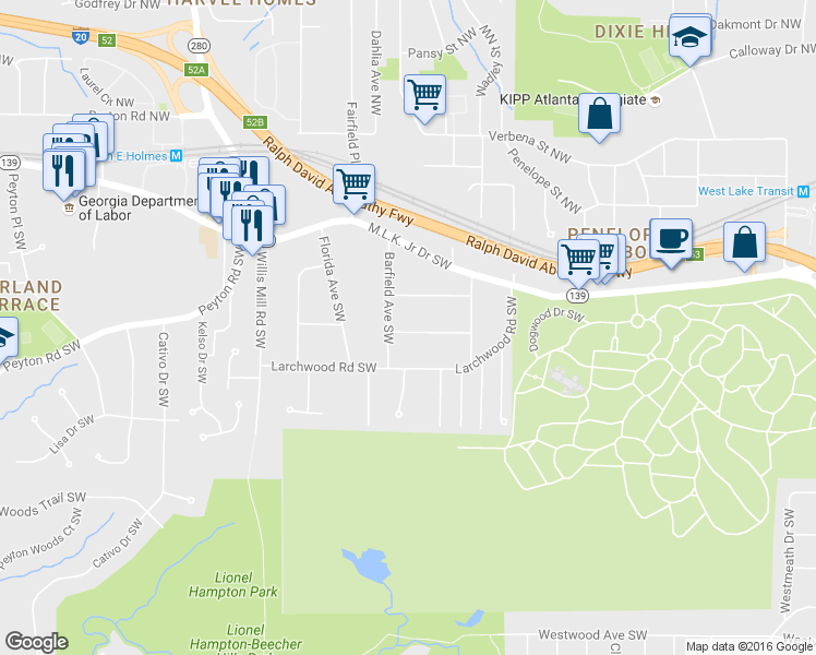 map of restaurants, bars, coffee shops, grocery stores, and more near 2210 Wingate Street Southwest in Atlanta