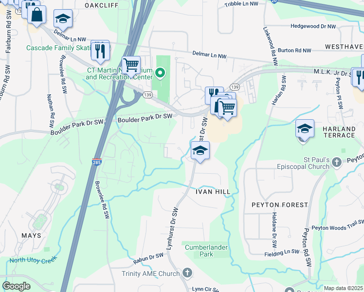map of restaurants, bars, coffee shops, grocery stores, and more near 3130 King Walk Drive Southwest in Atlanta