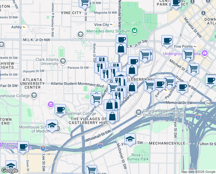 map of restaurants, bars, coffee shops, grocery stores, and more near Atlanta Student Movement Blvd & Fair St SW in Atlanta