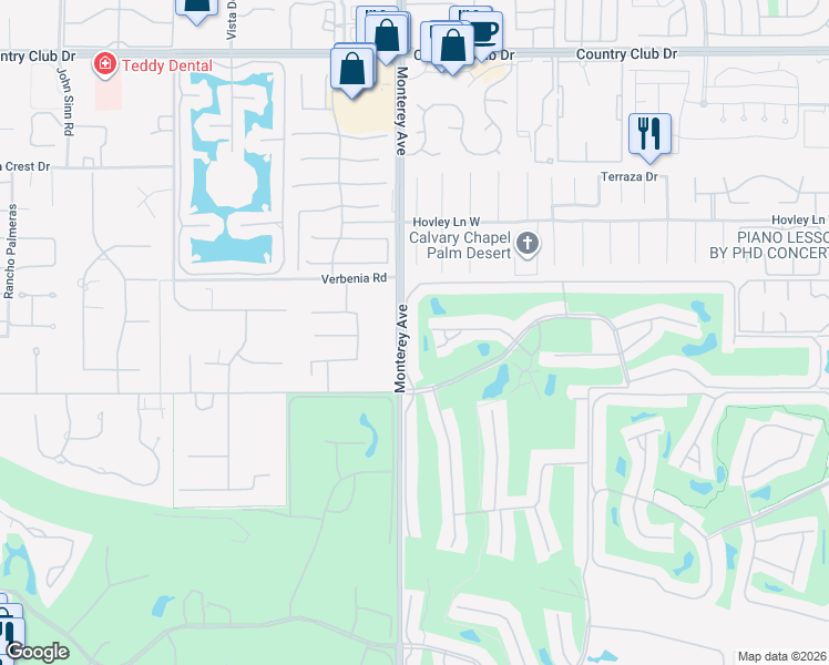 map of restaurants, bars, coffee shops, grocery stores, and more near 126 Las Lomas in Palm Desert