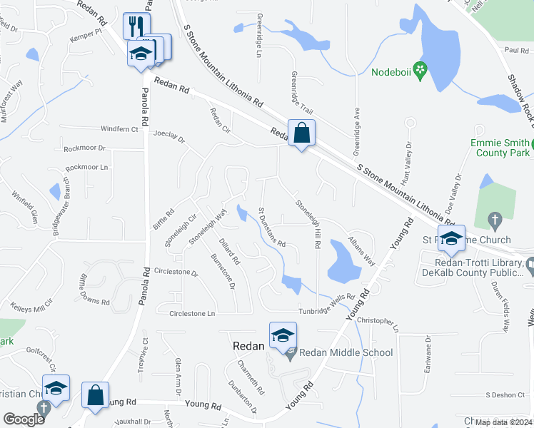 map of restaurants, bars, coffee shops, grocery stores, and more near 1446 Saint Dunstans Road in Lithonia