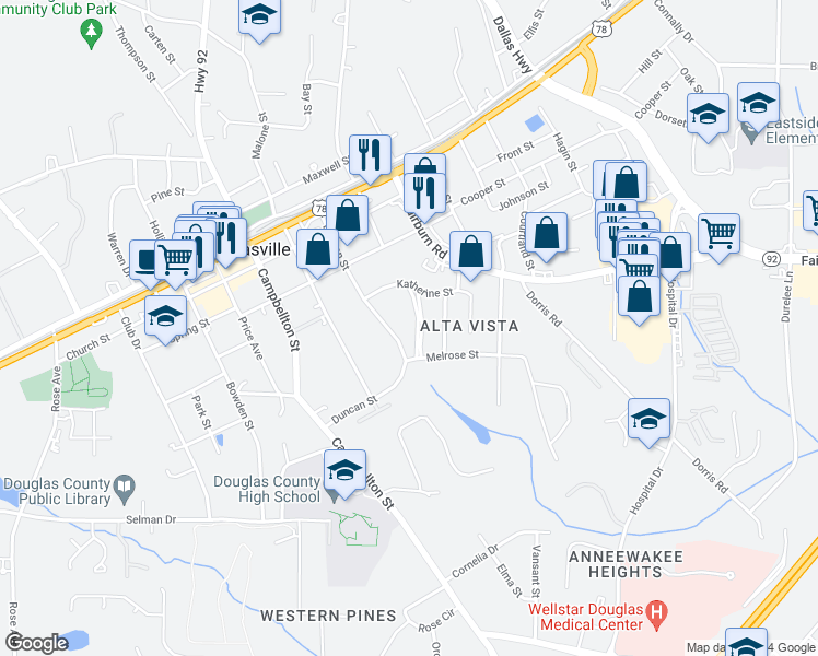 map of restaurants, bars, coffee shops, grocery stores, and more near 8505 Lynn Avenue in Douglasville