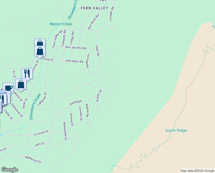 map of restaurants, bars, coffee shops, grocery stores, and more near 53360 Rising Glen Road in Idyllwild-Pine Cove
