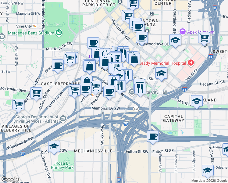 map of restaurants, bars, coffee shops, grocery stores, and more near 210 Pryor Street Southwest in Atlanta