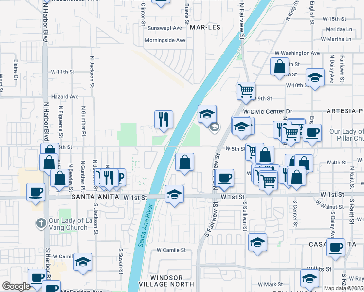 map of restaurants, bars, coffee shops, grocery stores, and more near 3230 West 5th Street in Santa Ana