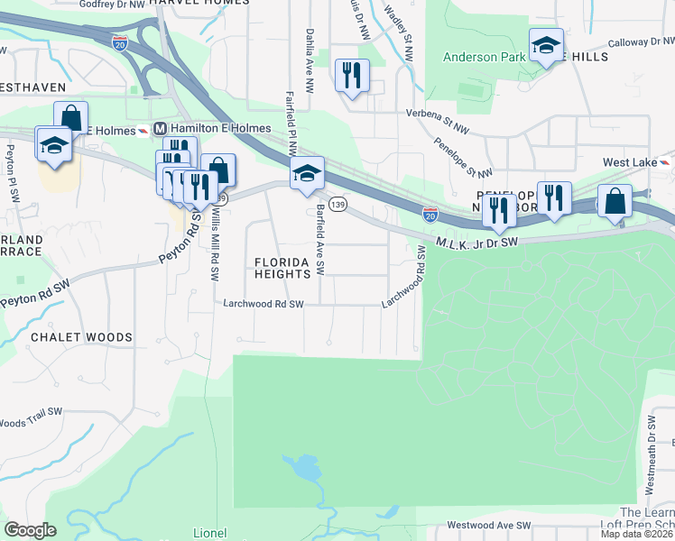 map of restaurants, bars, coffee shops, grocery stores, and more near 2210 Wingate Street Southwest in Atlanta