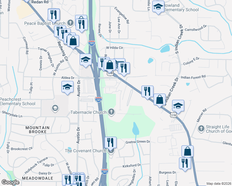 map of restaurants, bars, coffee shops, grocery stores, and more near 3121 Journal Court in Decatur
