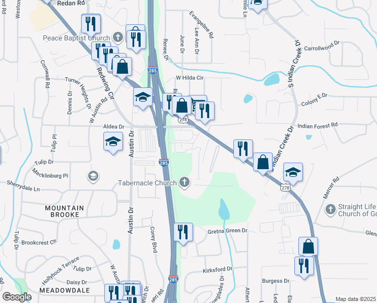 map of restaurants, bars, coffee shops, grocery stores, and more near 3121 Journal Court in Decatur