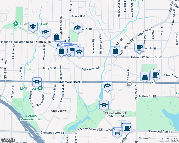 map of restaurants, bars, coffee shops, grocery stores, and more near 2125 Oakview Road Southeast in Atlanta