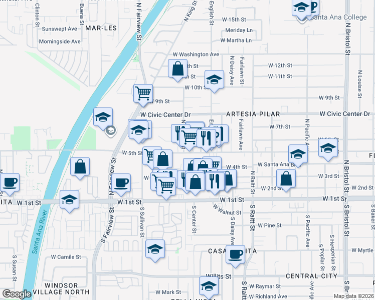 map of restaurants, bars, coffee shops, grocery stores, and more near 2239 West 5th Street in Santa Ana