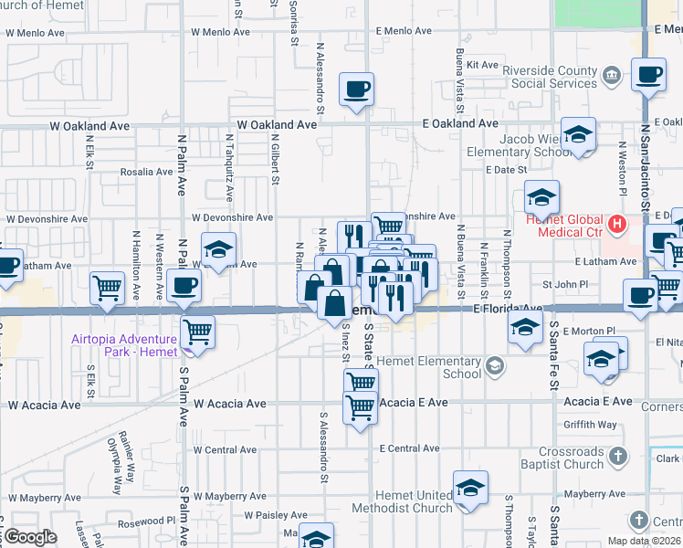 map of restaurants, bars, coffee shops, grocery stores, and more near 191 North Inez Street in Hemet