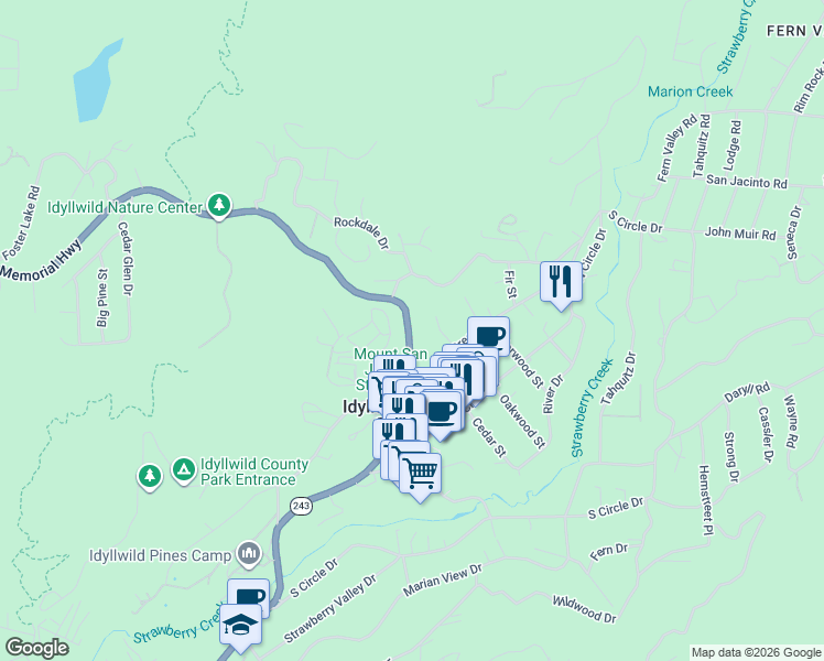 map of restaurants, bars, coffee shops, grocery stores, and more near 25840 California 243 in Idyllwild-Pine Cove