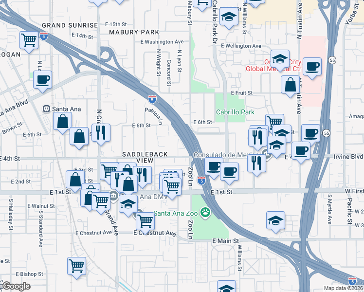 map of restaurants, bars, coffee shops, grocery stores, and more near 1665 East 4th Street in Santa Ana