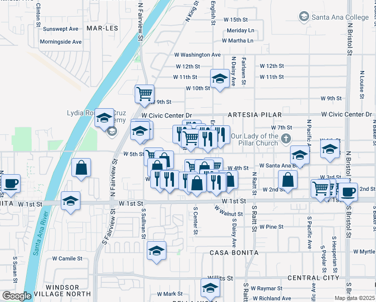 map of restaurants, bars, coffee shops, grocery stores, and more near 2239 West 5th Street in Santa Ana