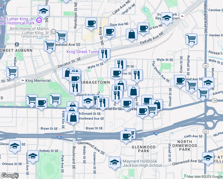 map of restaurants, bars, coffee shops, grocery stores, and more near 210 Estoria Street Southeast in Atlanta