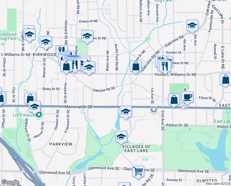 map of restaurants, bars, coffee shops, grocery stores, and more near 2161 Oakview Road Northeast in Atlanta