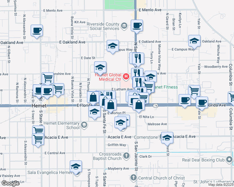map of restaurants, bars, coffee shops, grocery stores, and more near 1031 East Latham Avenue in Hemet