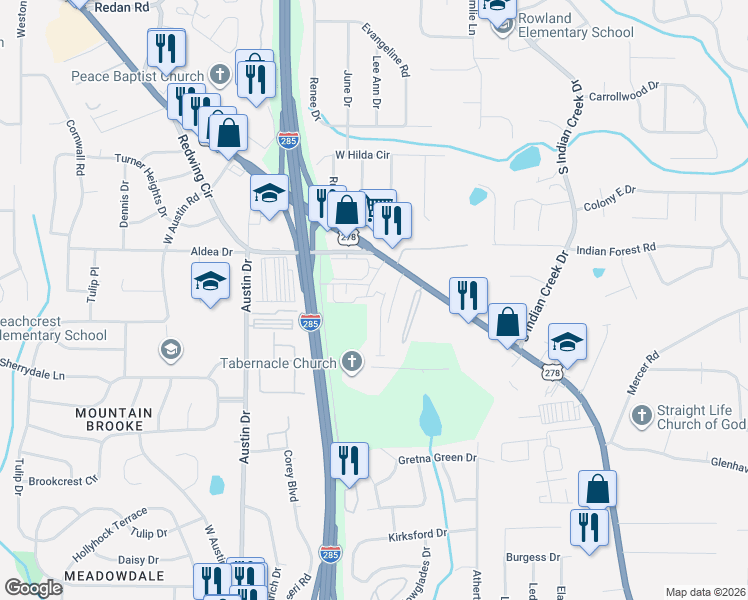 map of restaurants, bars, coffee shops, grocery stores, and more near 1520 Vernon Boulevard in Decatur